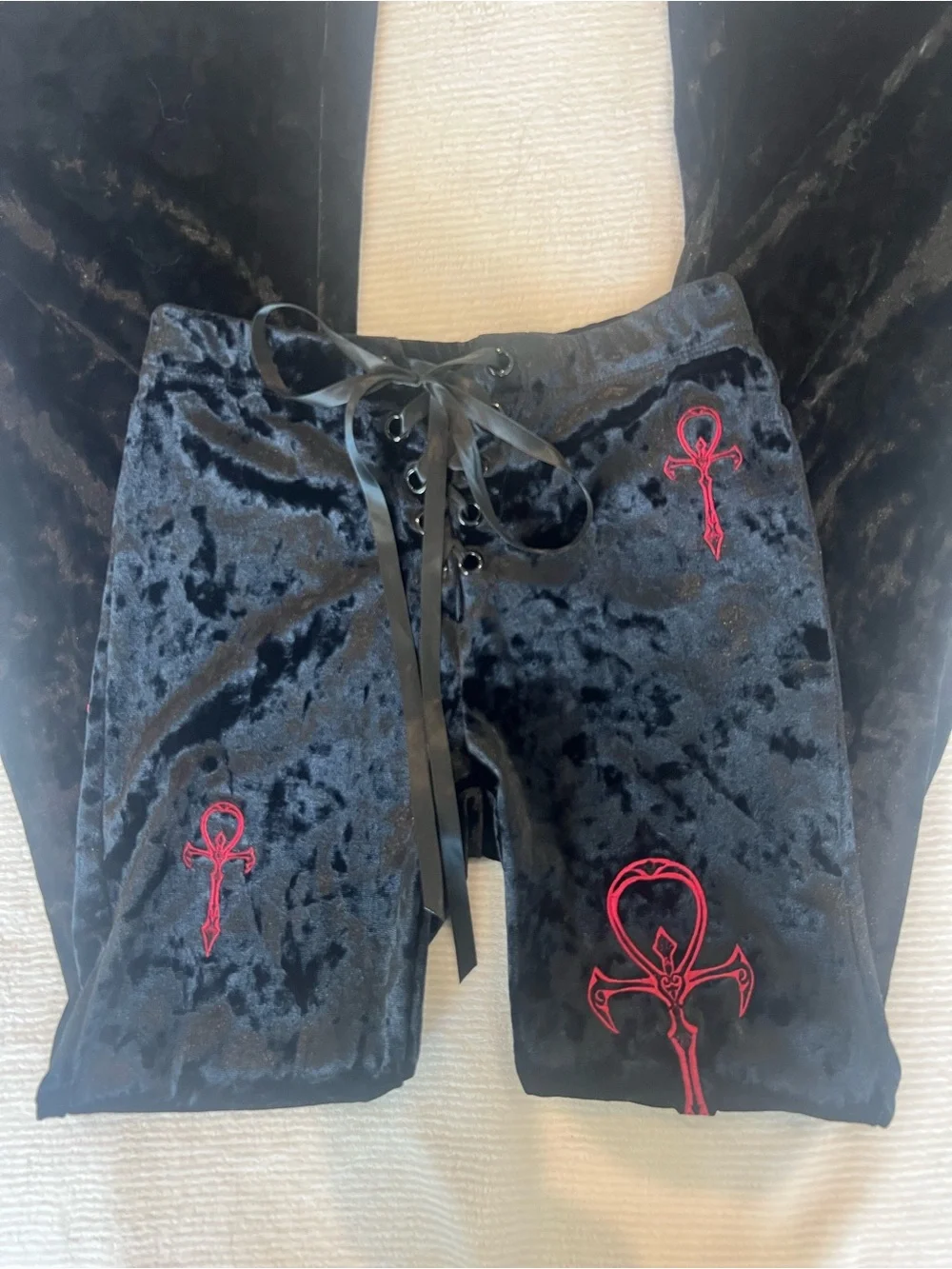 Widow Black Velvet Flare Pants with Ribbon Tie Up - Picture 2 of 6